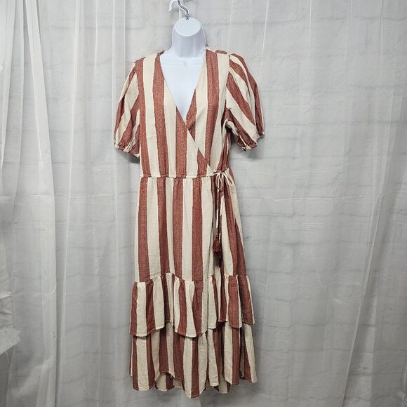 Knox Rose Red Cream Striped Wrap Midi Dress Cottagecore Boho Peasant M - Picture 11 of 11